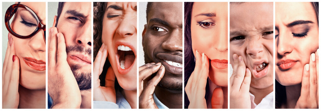 group people with toothache. Men women kid with tooth pain
