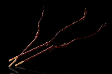 Gebäck-Stäbchen mit geschmolzener Schokolade