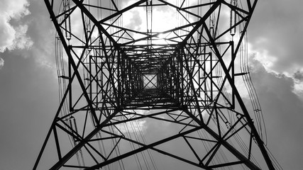 Bottom view of electric pole with beautiful sky in black and white shot. Plant, Power.