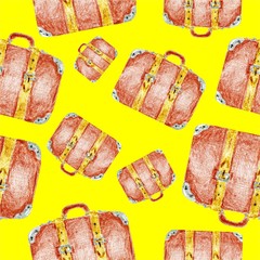 Seamless pattern with suitcase on yellow background. It can be used for fabric, wallpaper