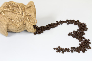coffee beans and bag on white background