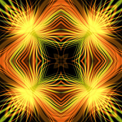 Abstract seamless pattern with rays resembling fireworks. Yellow, orange, green and red glowing background with intertwined blurred rays