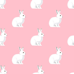 White hares, rabbits. Seamless pattern with white rabbits and mushrooms. Vector.