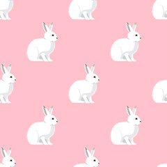 White hares, rabbits. Seamless pattern with white rabbits and mushrooms. Vector.