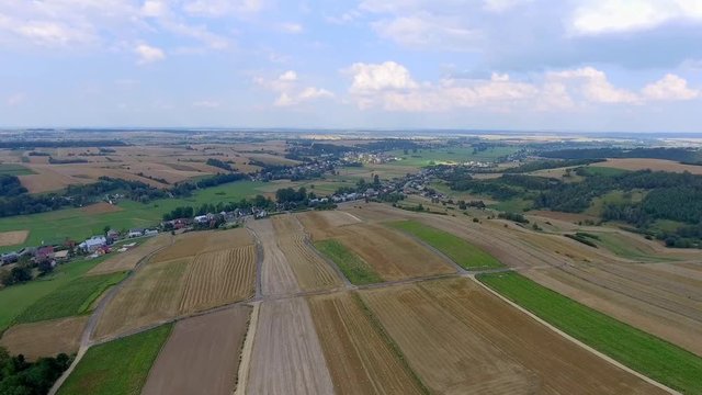 Aerial view of harvest field landscape at summert in Poland.