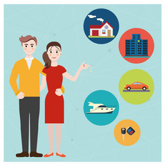 Young family hold a key buying a home, car, yacht. Happy young couple dream about new house. Vector colorful illustration in flat design.