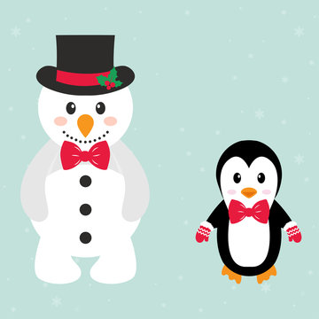 cartoon snowman and penguin with tie