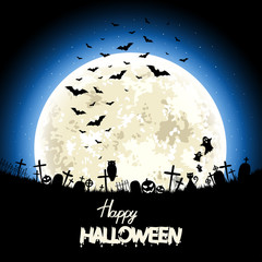 Halloween night - silhouettes halloween items on the moon background. Vector design poster illustration. Eps 10