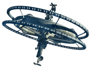 3d Illustration of a space station with multiple gravitational wheels for games, futuristic exploration or science fiction backgrounds, with the clipping path included in the file. - 120695821