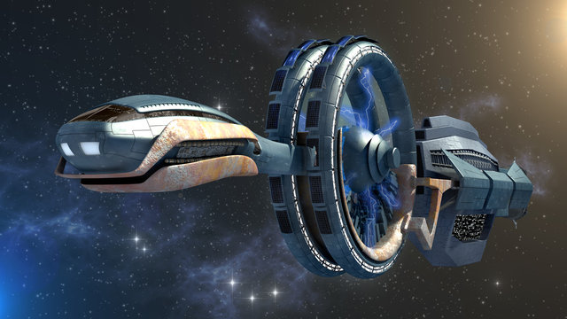3d Illustration of a spacecraft with gravitational side wheels and energy fields in space travel, for games, futuristic exploration or science fiction backgrounds.