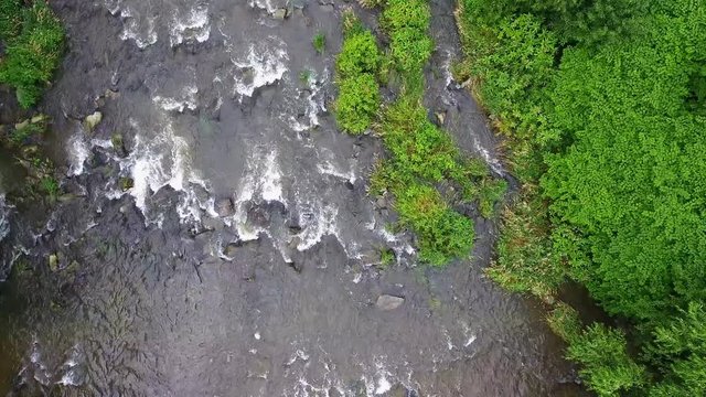 Mountain river and green riverbank from above.