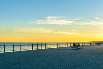 A deserted boardwalk town of Zelenogradsk on the dawn. The view of the Baltic sea