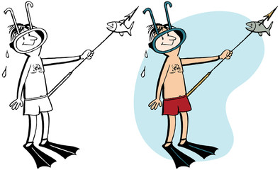 Man in scuba gear spearing a fish