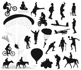 Extreme sports and summer activities set. Vector silhouettes - obrazy, fototapety, plakaty