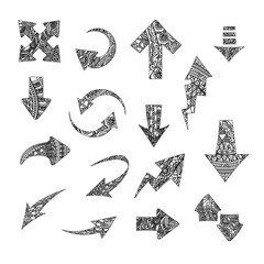 Hand drawn stylized arrows vector collection. Set of doodle tribal pointers. Elements for vibrant greeting card and postcard, henna and tattoo design
