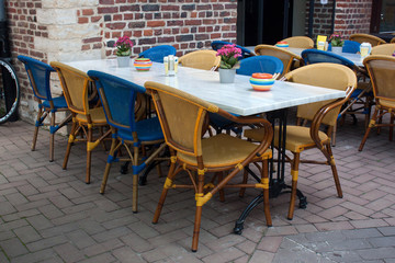 Tables in the provincial Belgian restaurant.