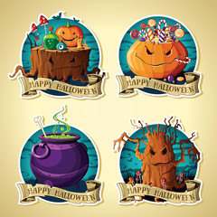 Set of Halloween vintage labels vector with pumpkins, sweets, tree, cauldron, stump