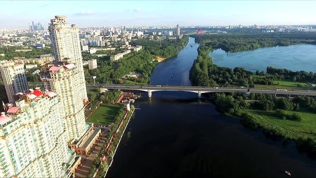 Aerial view of Moscow. Residential complex Alye Parusa over Moskva River. Moscow, Russia.