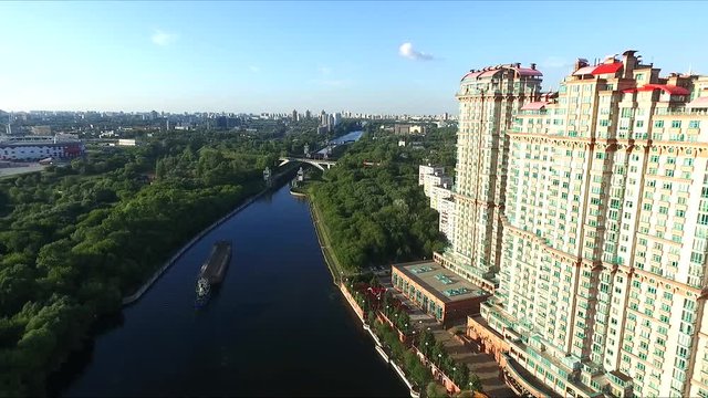Aerial view of Moscow. Residential complex Alye Parusa over Moskva River. Moscow, Russia.