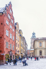 Fototapeta premium views of Stortorget Square during a snowstorm . Stockholm, Swede