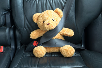 Fototapeta premium Teddy bear fastened in the back seat of a car