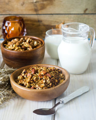 Healthy granola with nuts and milk for breakfast