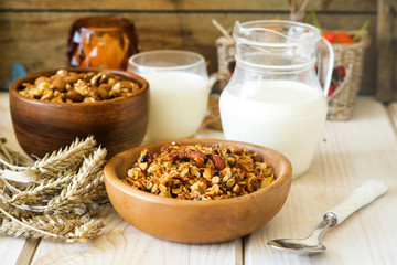 Healthy granola with nuts and milk for breakfast