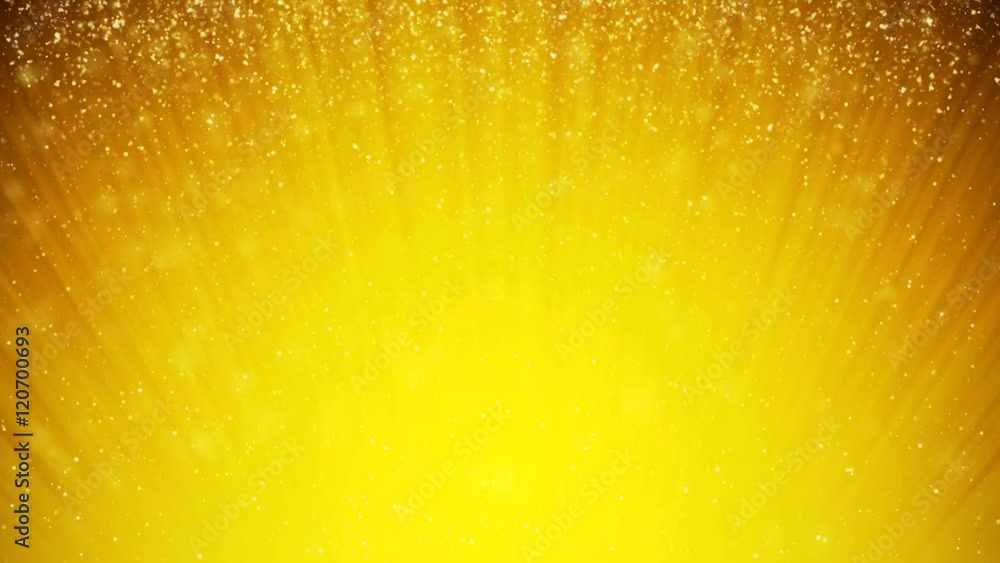 Poster loopable, seamless loop abstract warm orange swirl waves background golden particles in light beams.
