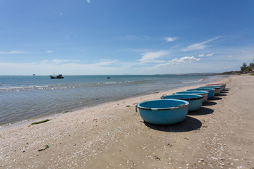 Fototapeta na wymiar nautical fishing coracles, tribal boats at fishing village