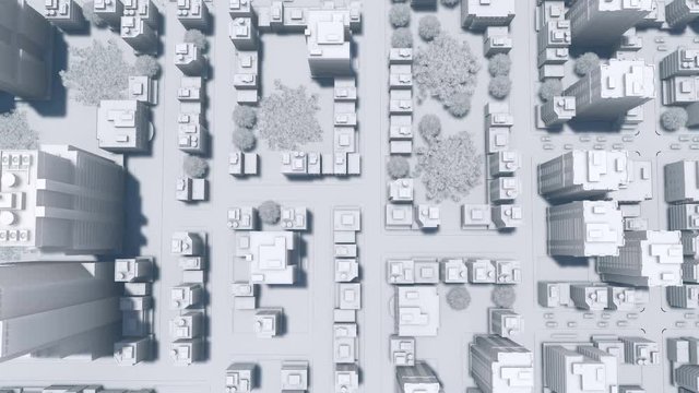 Abstract big modern city looking as white architectural scale model. Straight overhead aerial view, motion from bottom up. Simple 3D animation rendered in 4K