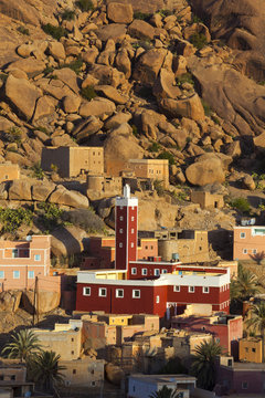 Elevated view over the Red Mosque of Adai, Tafraoute, Anti Atlas, Morocco
