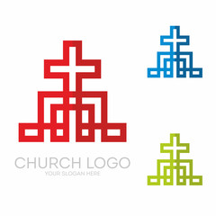 Church logo. Christian symbols. Stylish cross of Jesus Christ among graphic vector elements