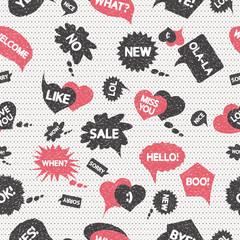 Speech bubble print. Drawing ornament. Sketch pattern. Comic decoration. Vintage illustration. Grunge design. Graphic backdrop. Dialog wallpaper. Speak art. Retro background. Vector.
