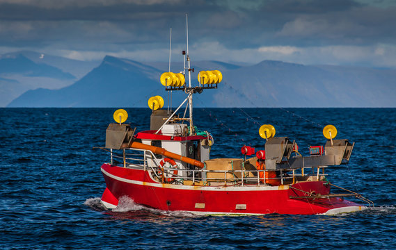 Fishing boat on mackerel fishing near the southwest coast of Iceland.