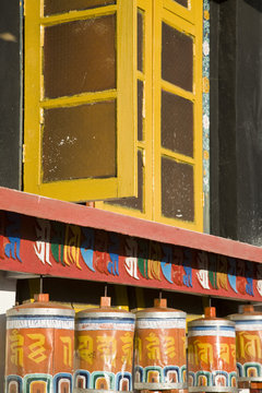 India, West Bengal, Kalimpong, Durpin Gompa or Zong Dog Pairi Fo-Brang Gompa, Prayer wheels