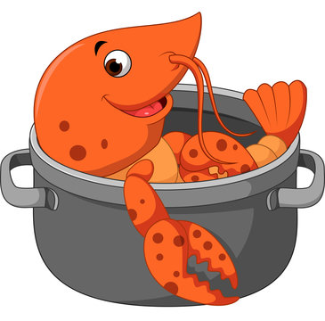 Cartoon funny lobster being cooked in a pan
