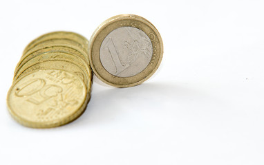close up of euro currency. one euro coin on white background