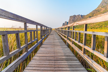 Wood bridge in sunset time at Sam Roi Yot National Park, Thailand