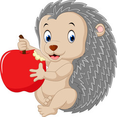 Cute baby hedgehog holding apple 
