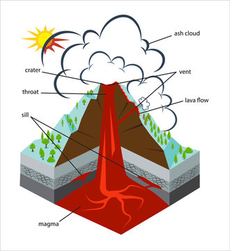 Cross-section through a volcano. Vector infographics in flat style. Text is on a separate layer.
