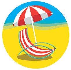 Beach lounge with umbrella, summertime vector icon.