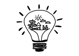 hand drawn Light bulb icon or symbol with concept of idea on white background( electricity and energy).