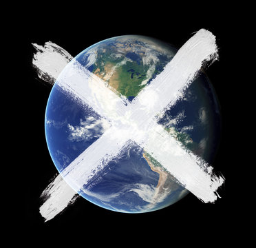 Painted cross over Earth planet as metaphor of apocalypse and end of the world and death of whole life because of some disaster or catastrophe. Element of image furnished by NASA