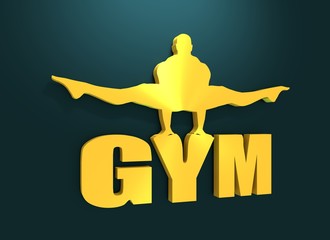 Muscular man posing on gym word. Cutout silhouette. Bodybuilding relative image. 3d rendering