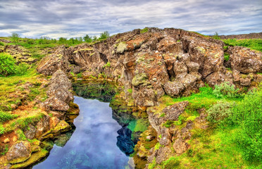 Fototapeta na wymiar Water in a fissure between tectonic plates in the Thingvellir National Park, Iceland