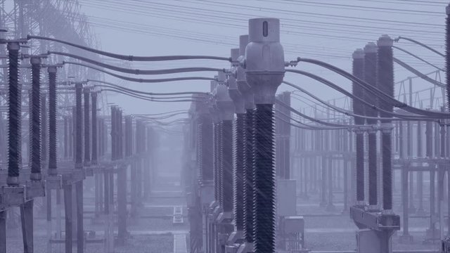 Slow Motion Electricity substation in the rain