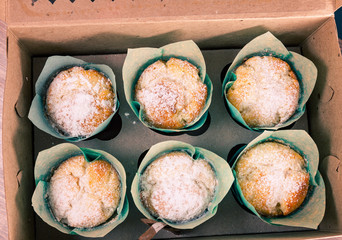 Sweet box with six fresh baked muffins