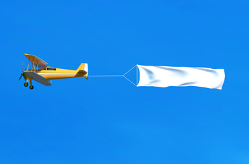 Flying airplane and banner on blue sky. 3D illustration