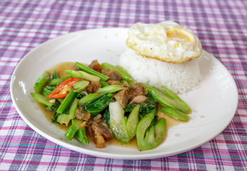 Kale with crispy pork on steamed rice