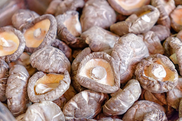 Dried shiitake mushrooms in the bucket from the street market. Selective focus